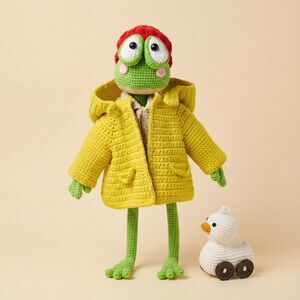 Crochet Frog Plush in Yellow Raincoat with Duck Toy – Handmade Amigurumi Frog